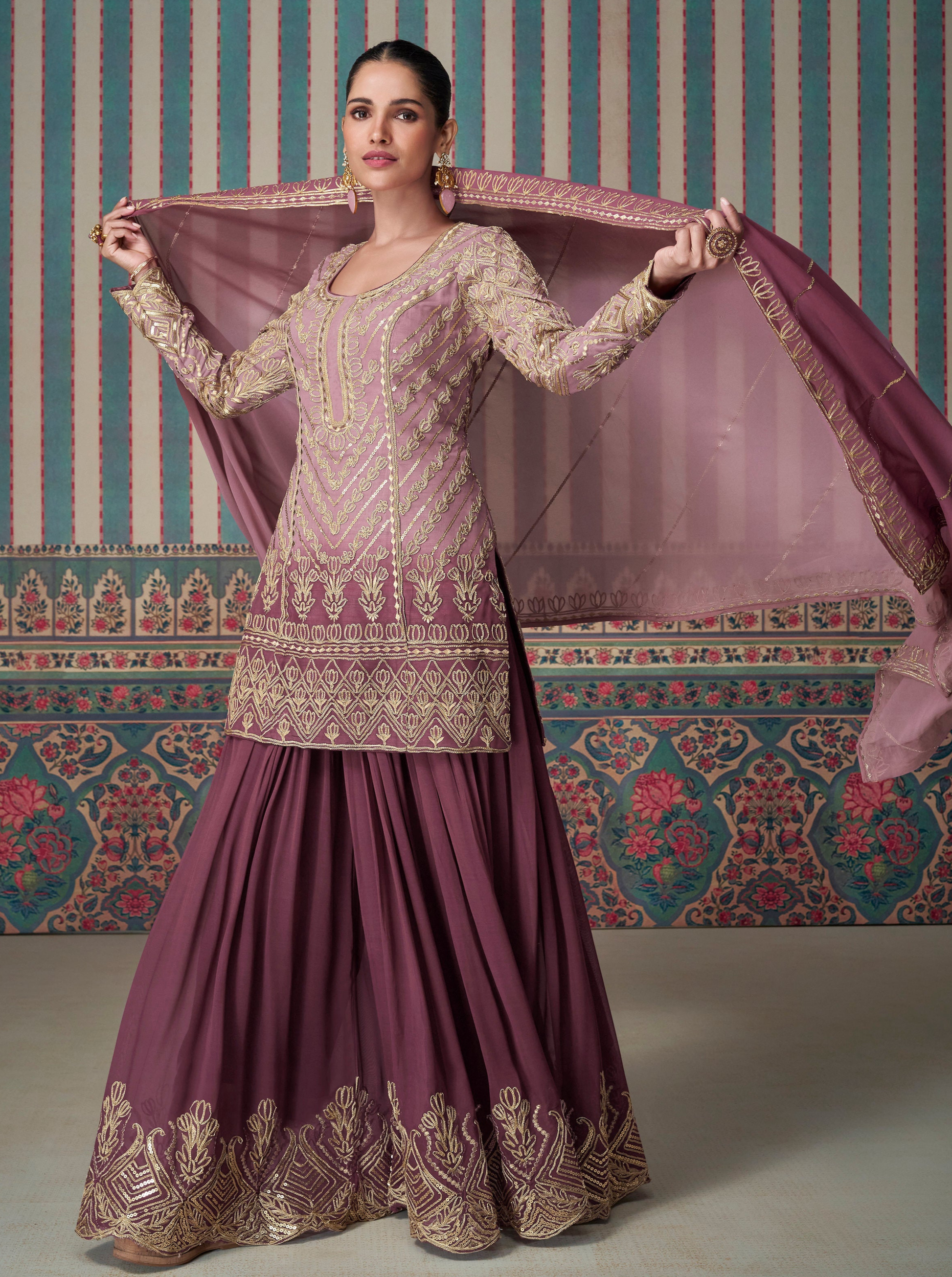Wine sharara suit with embroidered georgette detailing