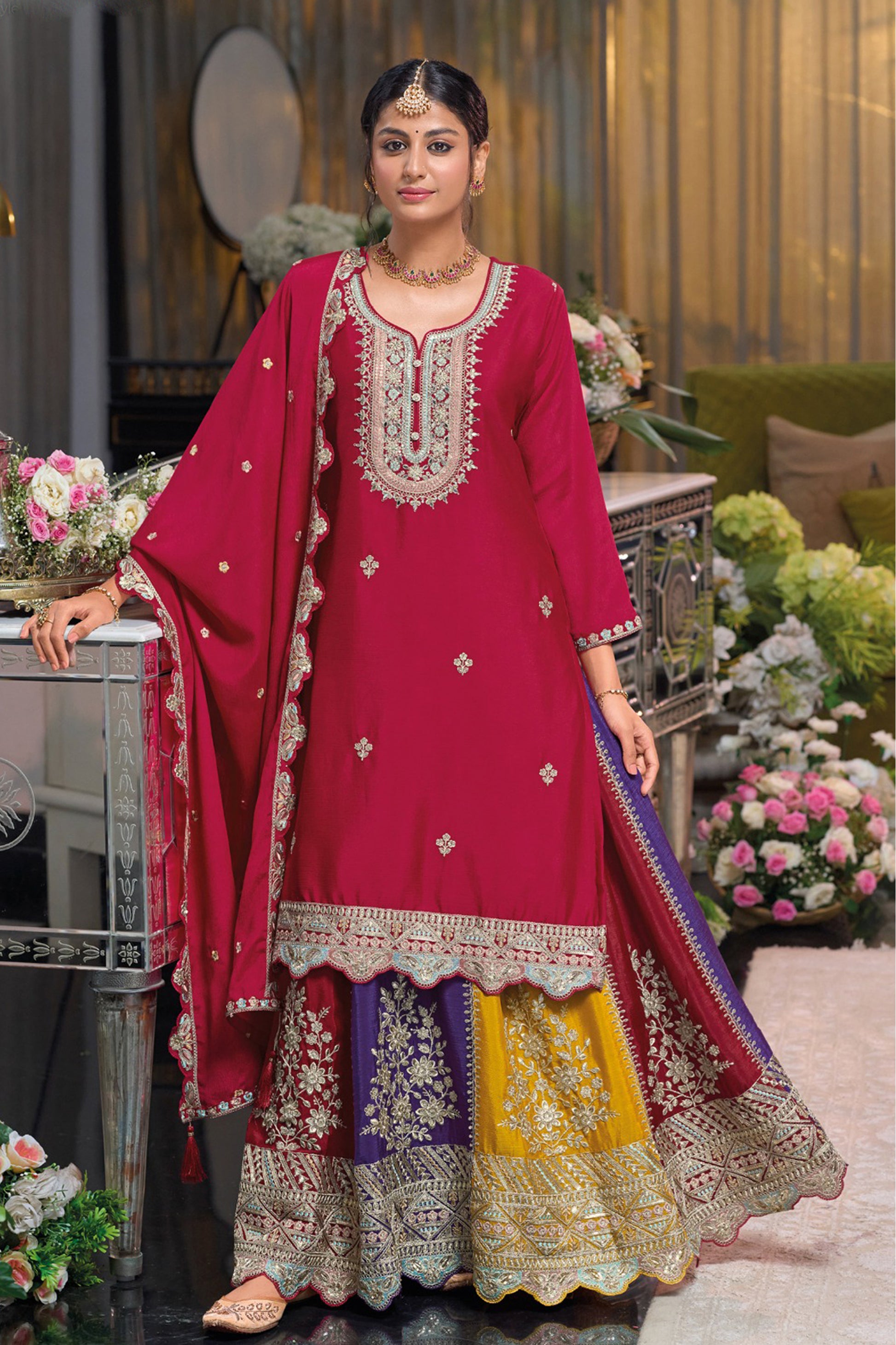 Red Designer Embroidered Palazzo Suit 