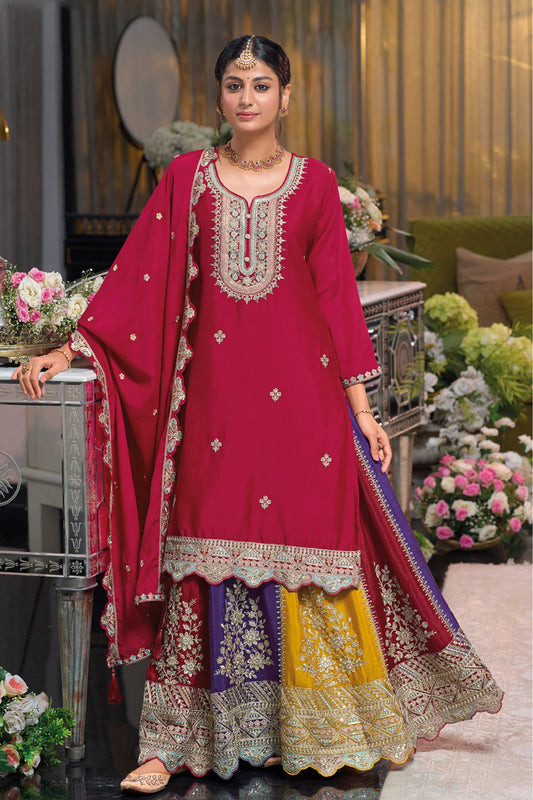 Red Designer Embroidered Palazzo Suit 