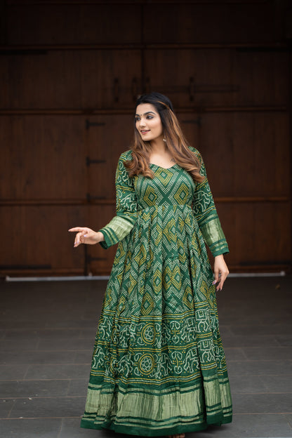 Traditional Indian Attire Women's Wear Green Anarkali Dresses Bandhej Suit