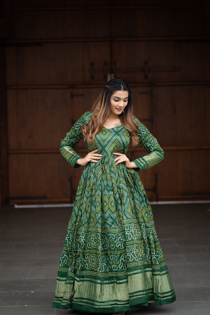 Traditional Indian Attire Women's Wear Green Anarkali Dresses Bandhej Suit