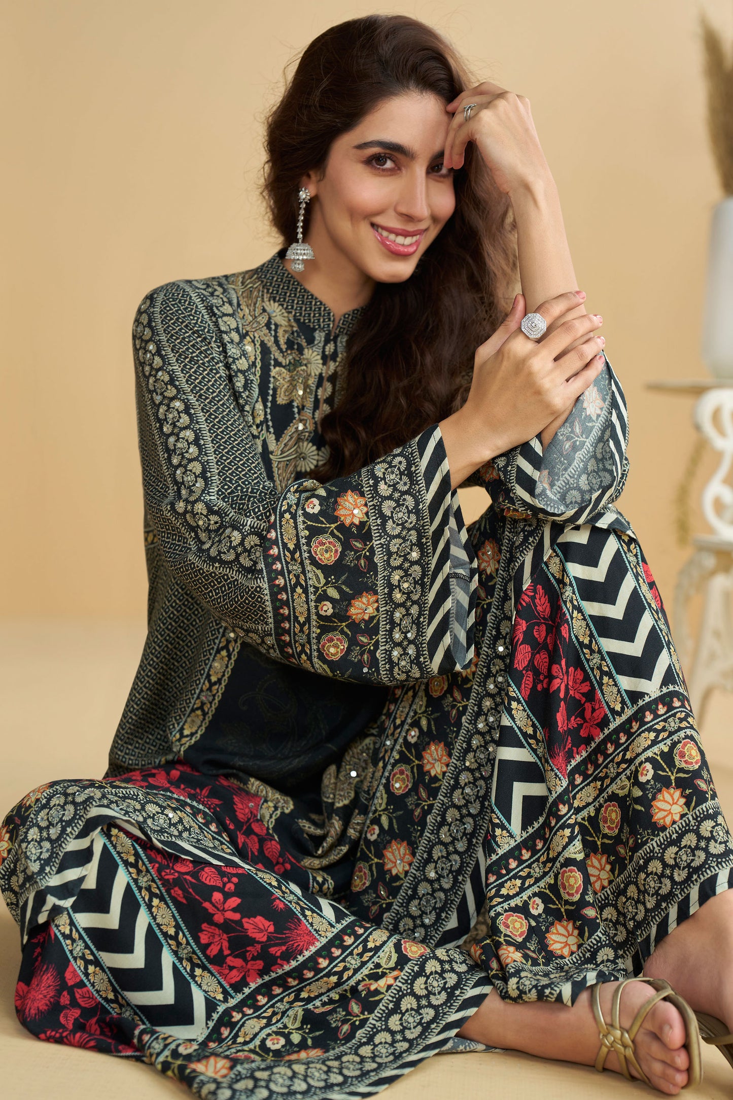 Elegant Black Chinon Silk Embroidered Palazzo Suit