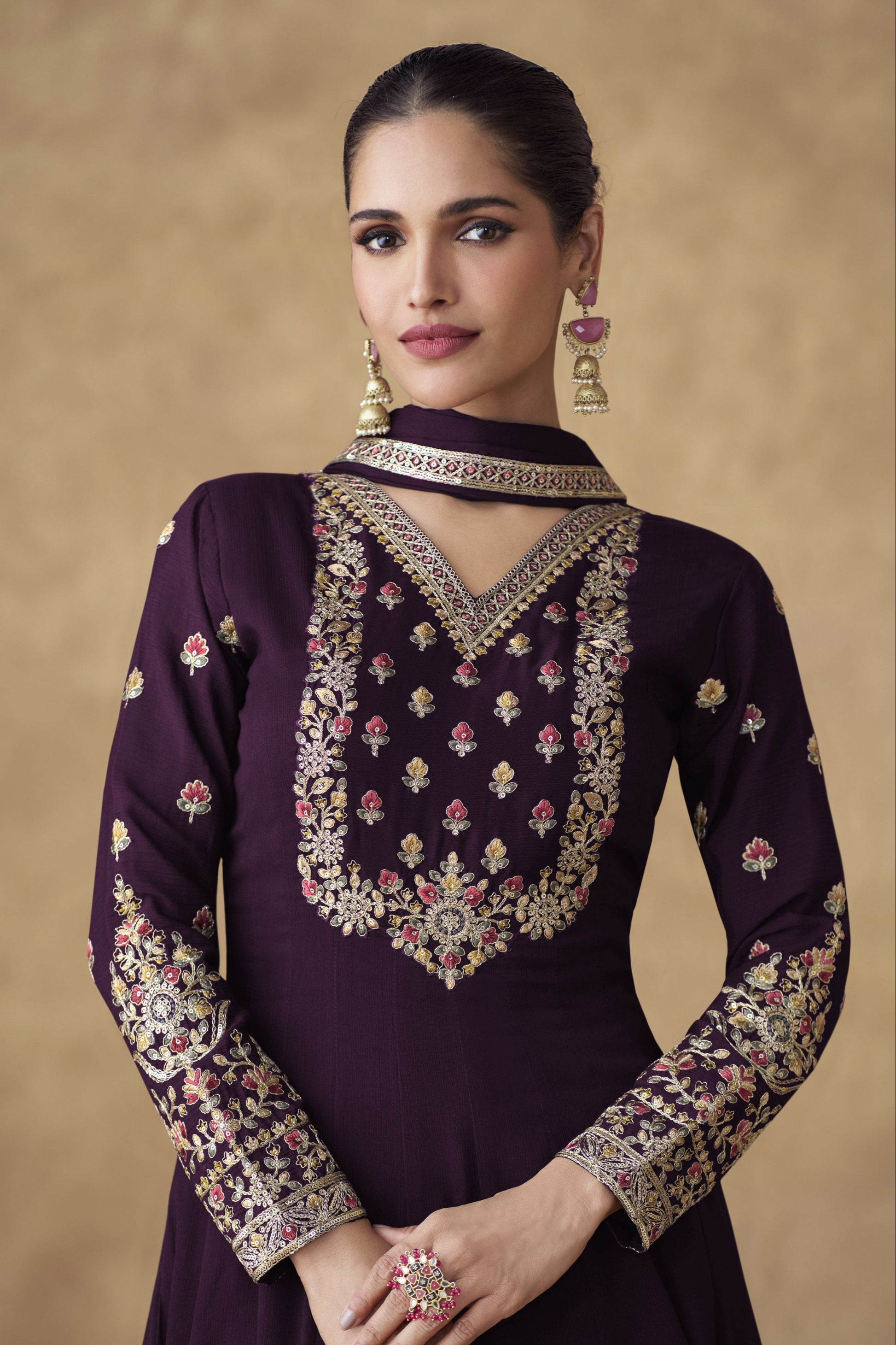 Wine Anarkali Gown With Dupatta For Eid and Ramadan Parties USA Women's