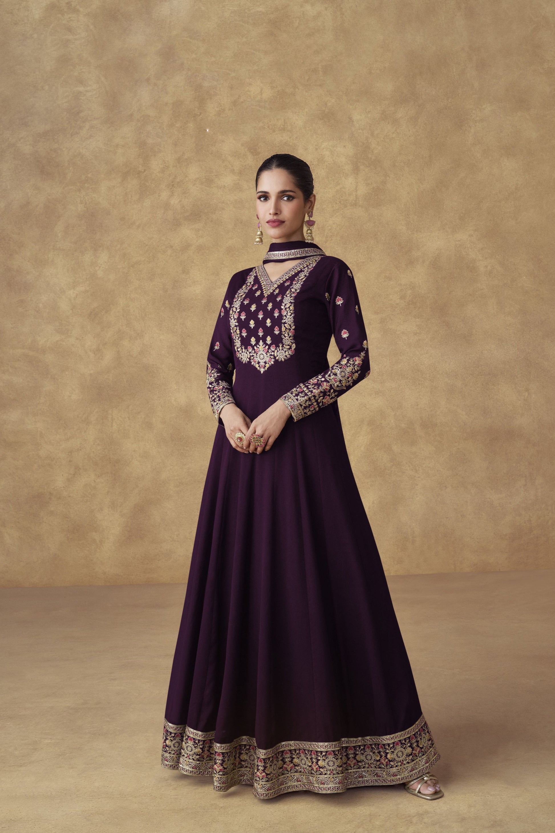 Wine Anarkali Gown With Dupatta For Eid and Ramadan Parties USA Women's
