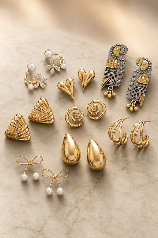 Gold tone earring set arranged across a warm ivory stone surface