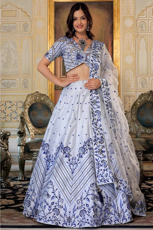 White Lehenga Choli With Thread & Sequins Embroidery