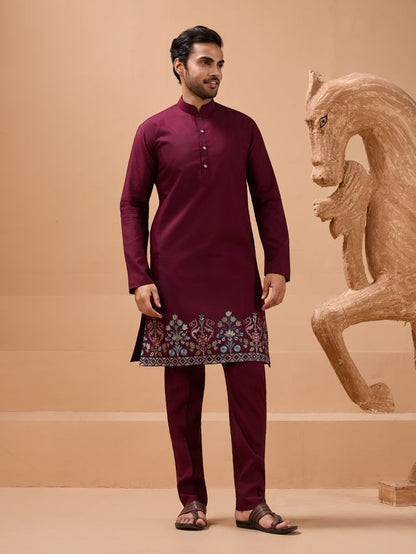 Burgundy Red Ethnic Kurta Pants Outfit For Men
