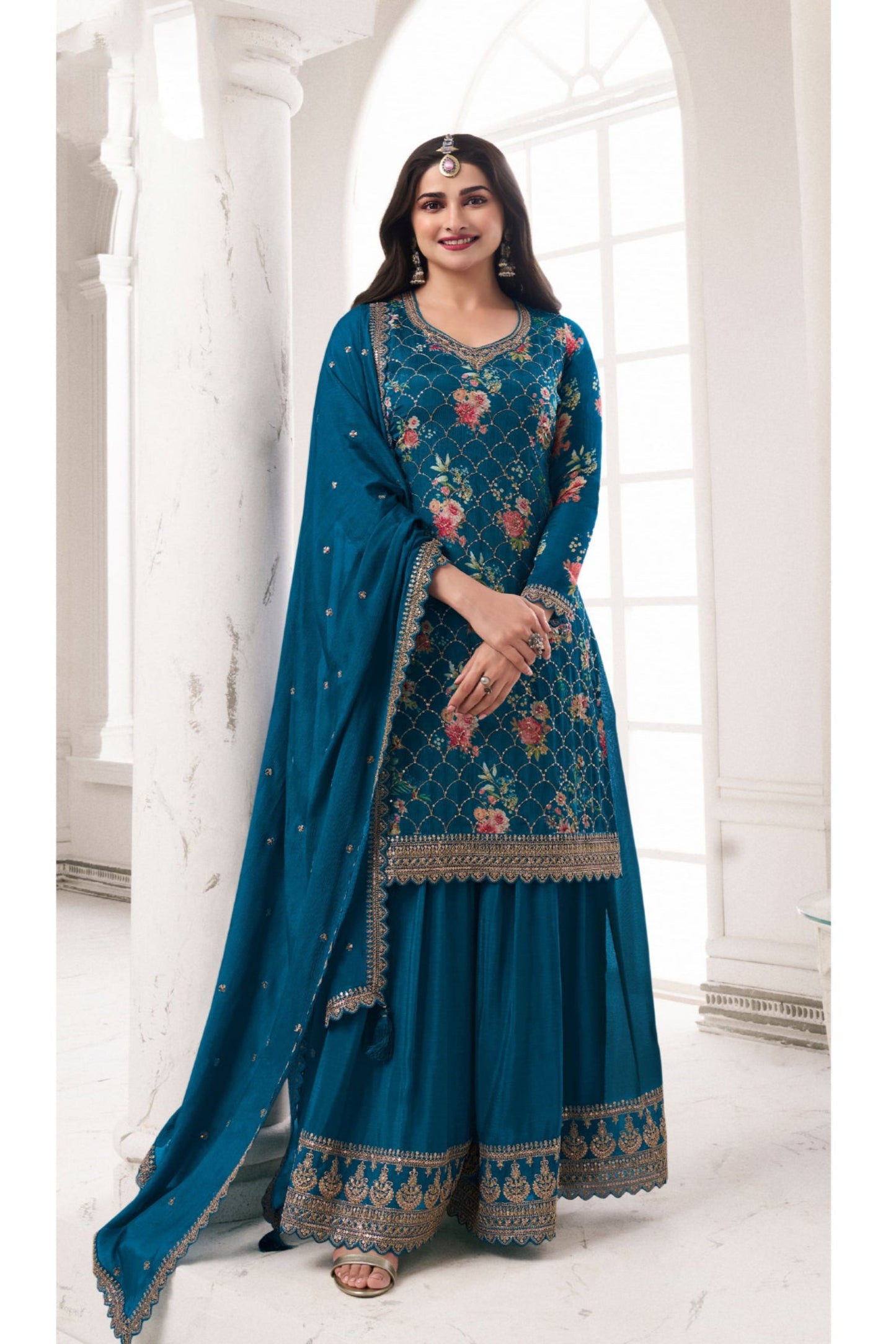 Chinon Silk Palazzo Suit with Embroidery Print for Wedding Reception