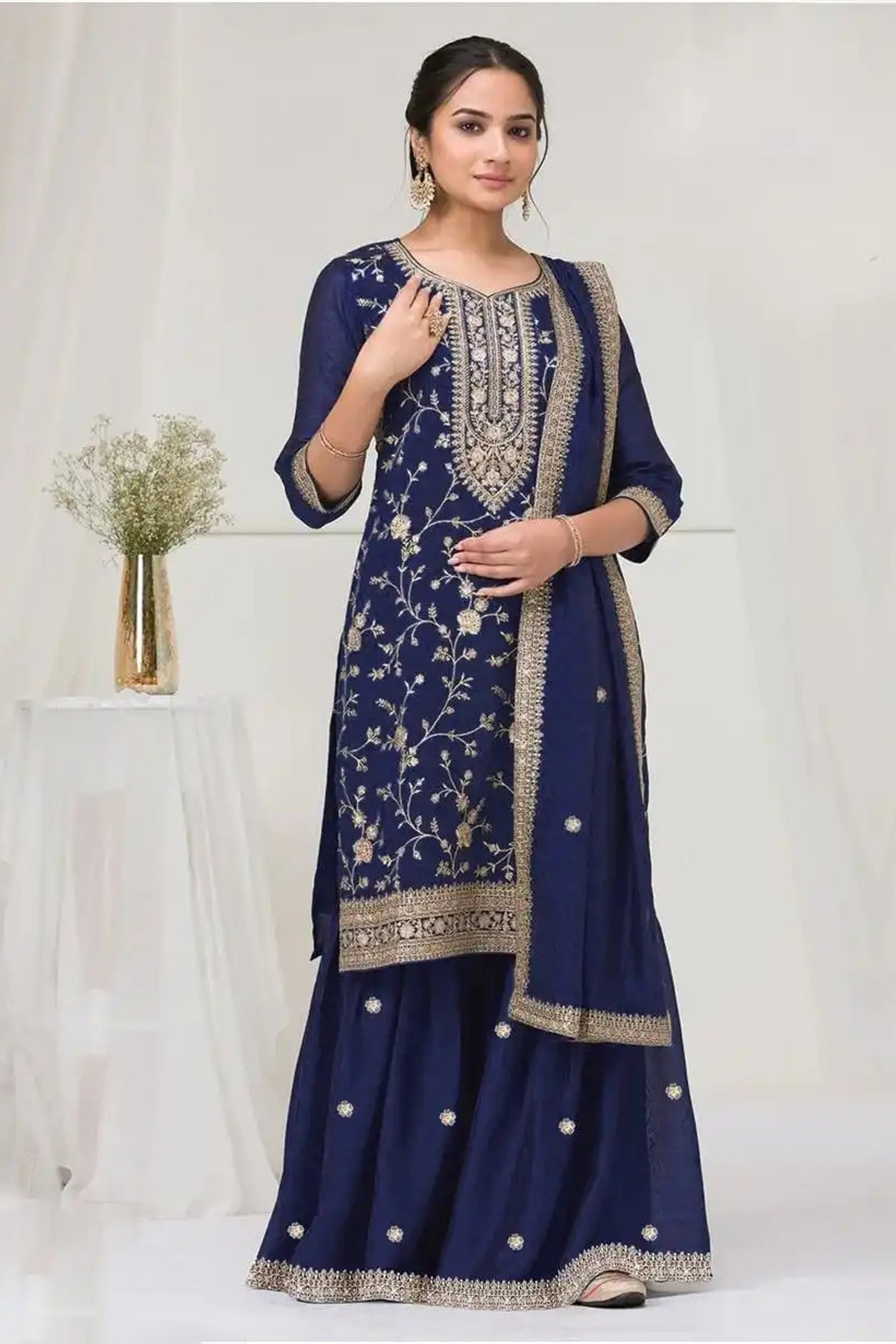 Navy Blue Embroidered Palazzo Suit Indian Ethnic Wear USA