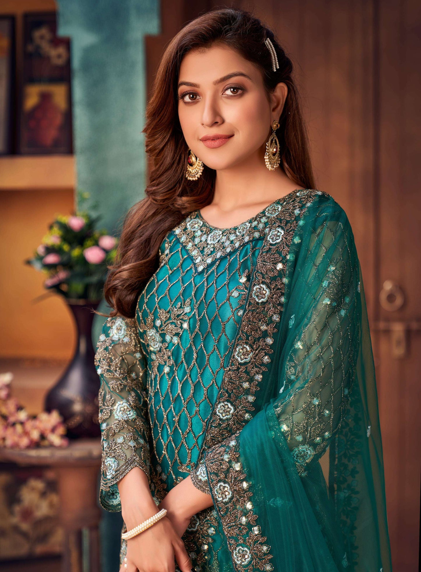 Close-up of net kameez embroidery detail