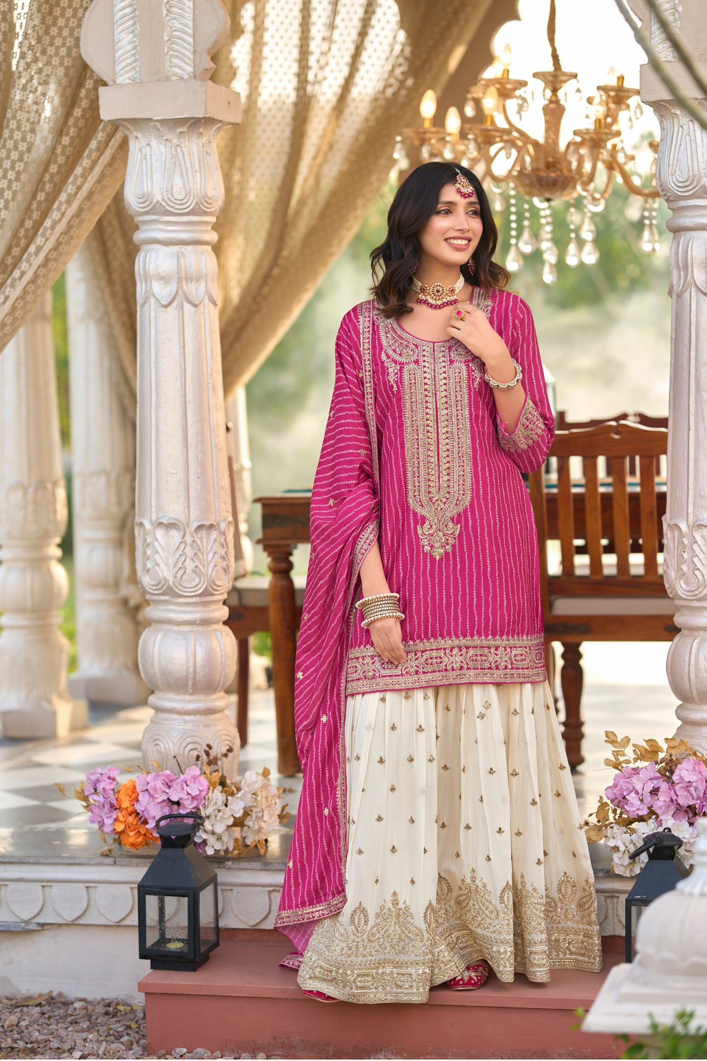 pink sharara outfits with matching dupatta drape