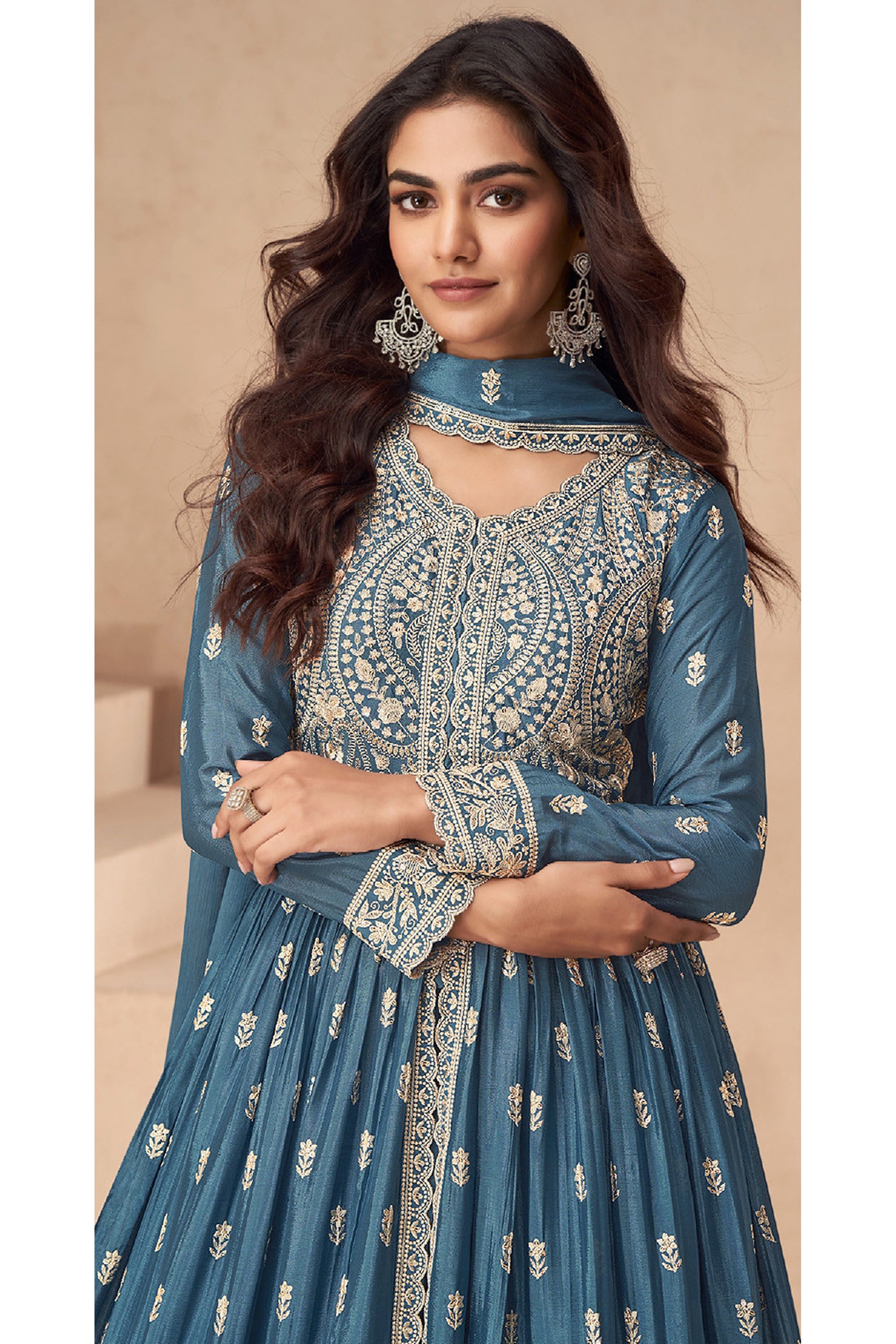 Embroidery Worked Stylish Heavy Dull Santoon Blue Anarkali Gown Dupatta Suits 	 