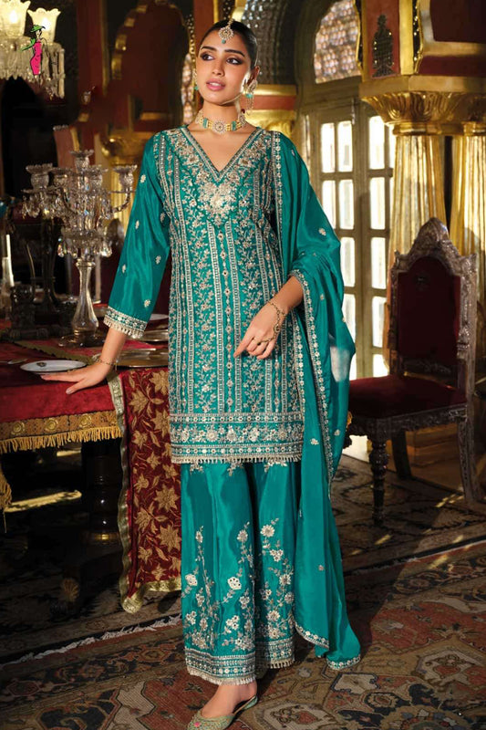 Teal sharara suits with embroidery work