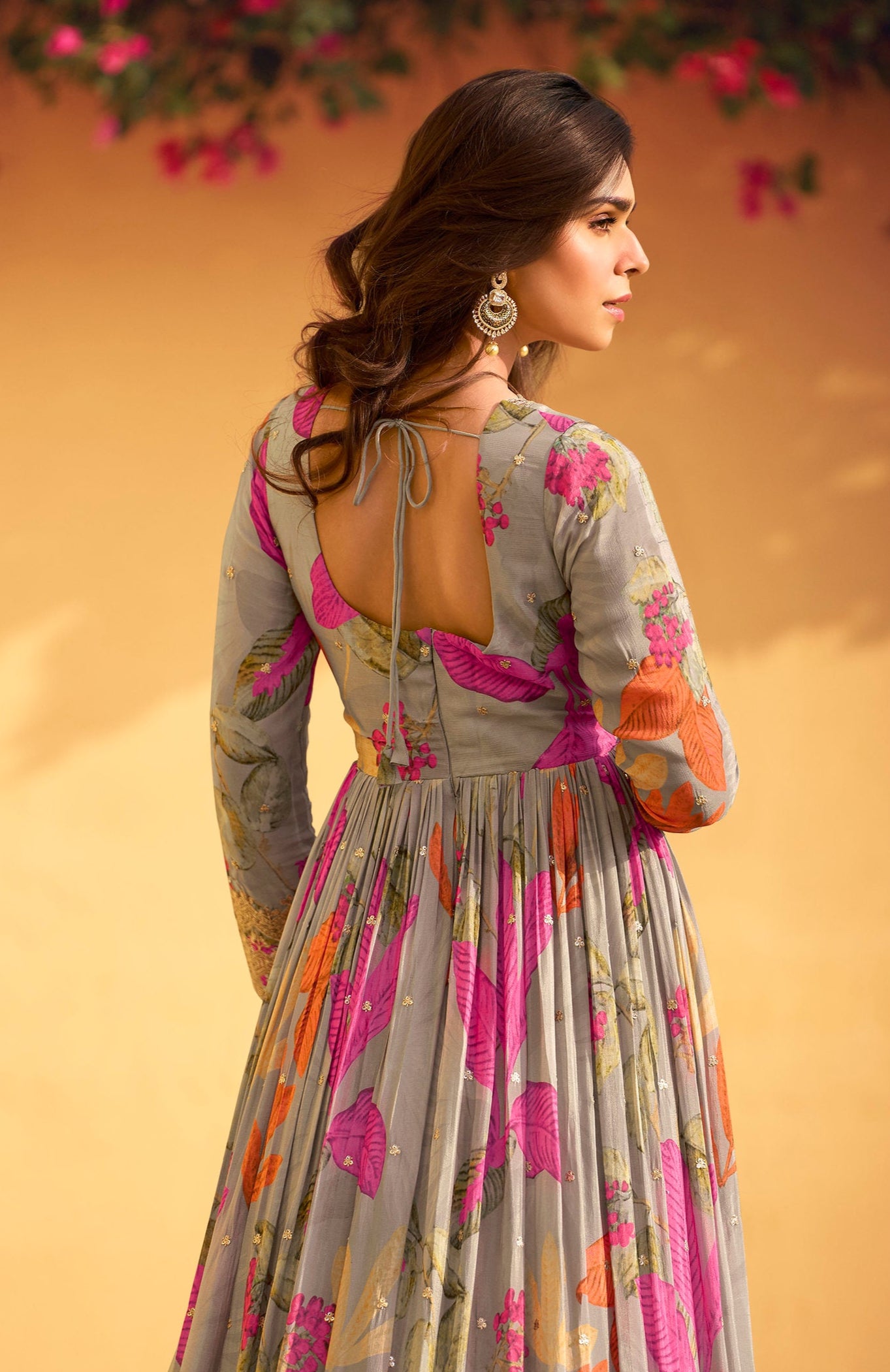 Grey Beautiful Anarkali Long Gown Suits With Chinon Silk Dupatta For USA
