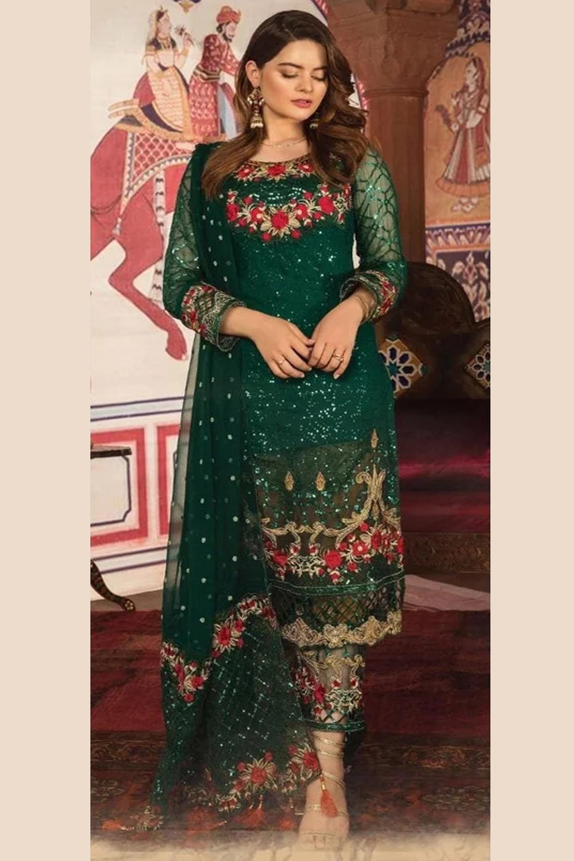Wedding Heavy Gorgette Reception Dark Green Salwar Kameez With Western Touch