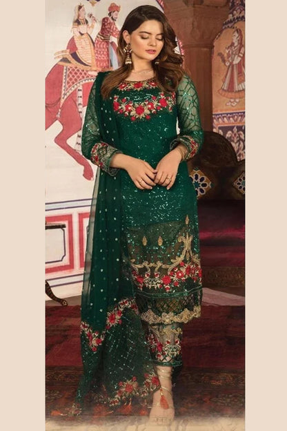 Wedding Heavy Gorgette Reception Dark Green Salwar Kameez With Western Touch