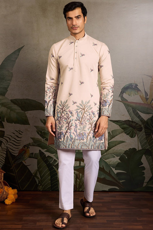 Cotton men's kurta in beige with elegant embroidery work