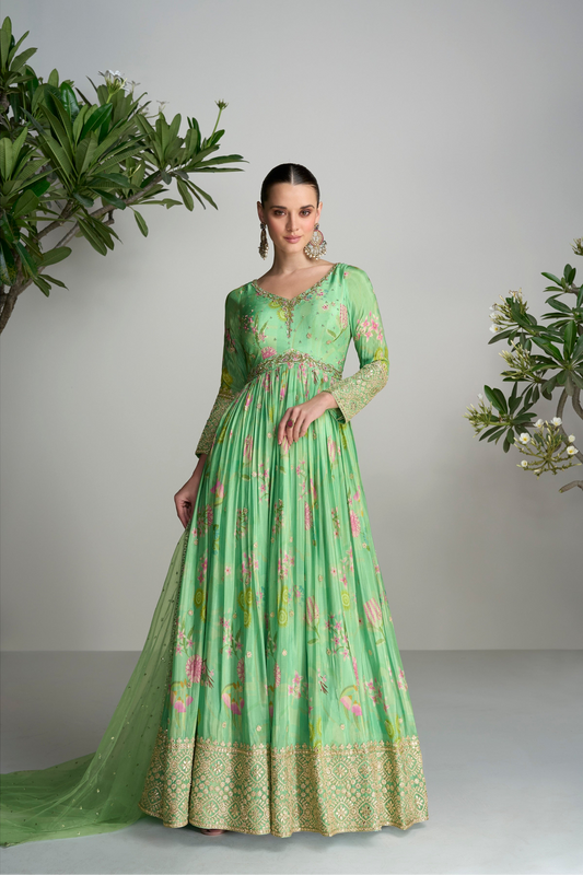 Reception Party Wear Stylish Stitched Long Chinon Silk Green Anarkali Dress