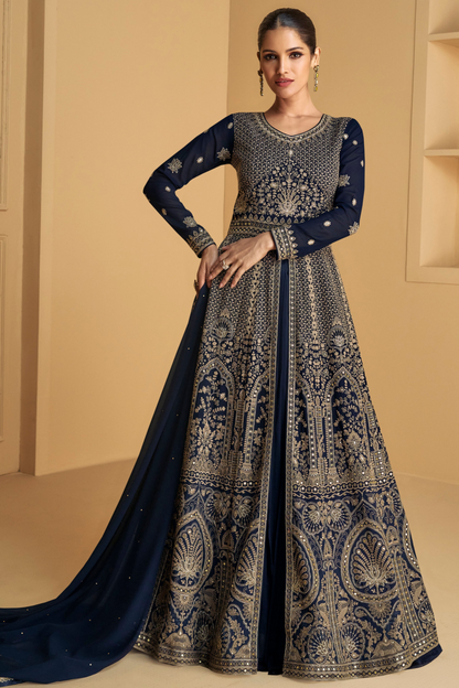 Anarkali Indian Dresses​ Navy Blue Embroidered Worked Gown For Women's Wear