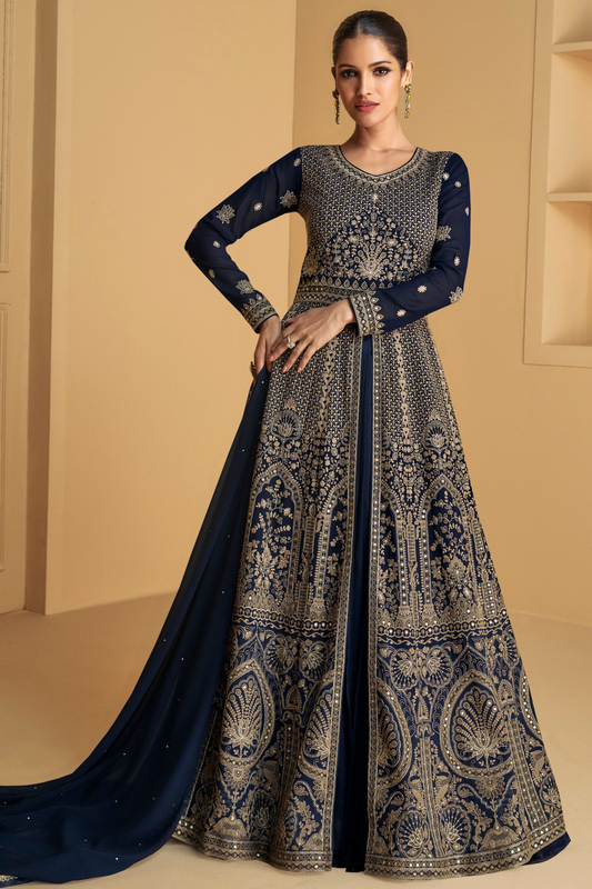 Anarkali Indian Dresses​ Navy Blue Embroidered Worked Gown For Women's Wear