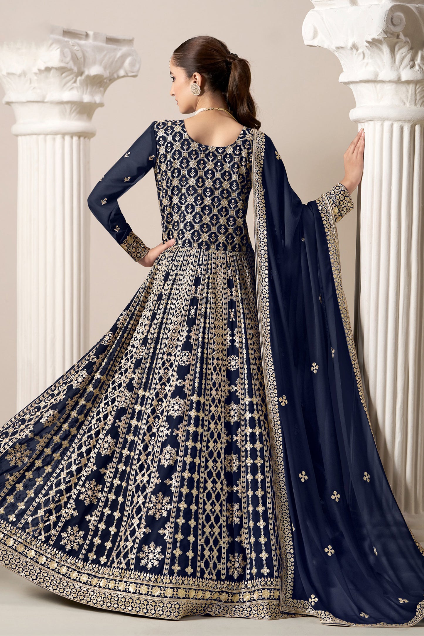 Navy Blue Anarkali Gown With Dupatta Indian Wedding Reception Dress USA