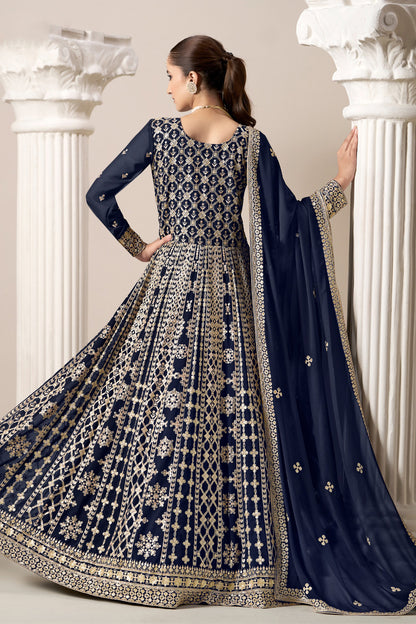 Navy Blue Anarkali Gown With Dupatta Indian Wedding Reception Dress USA
