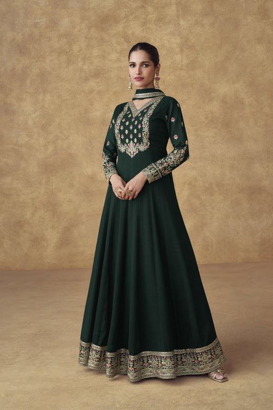 Green Wedding Party Beautiful Anarkali Dupatta Gown For USA Women's Wear