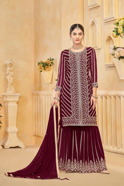Burgundy Heavy Embroidered Pakistani Sharara Suit With Designer Dupatta For Wedding USA Women