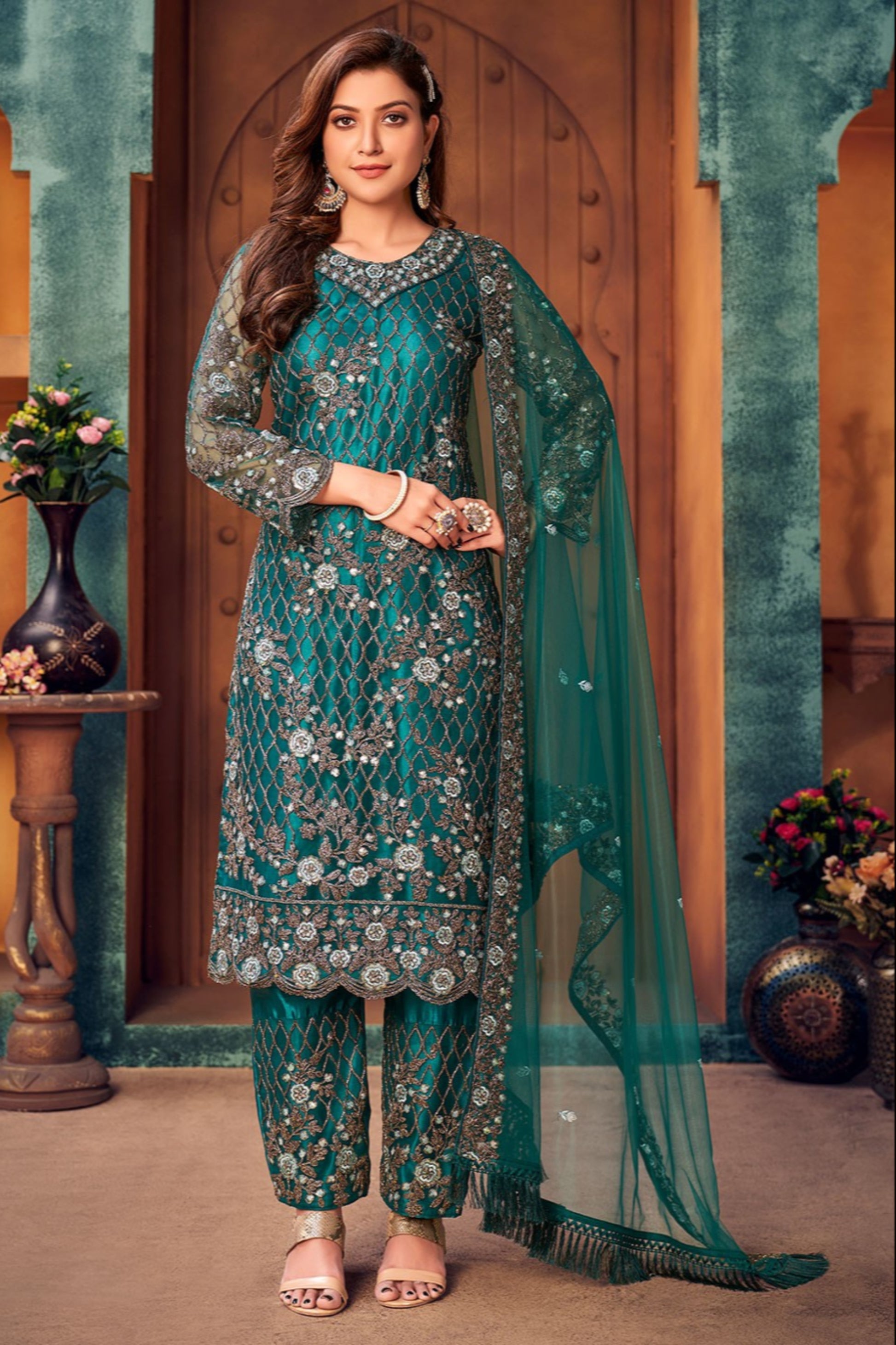 Satin salwar pants texture in teal outfit