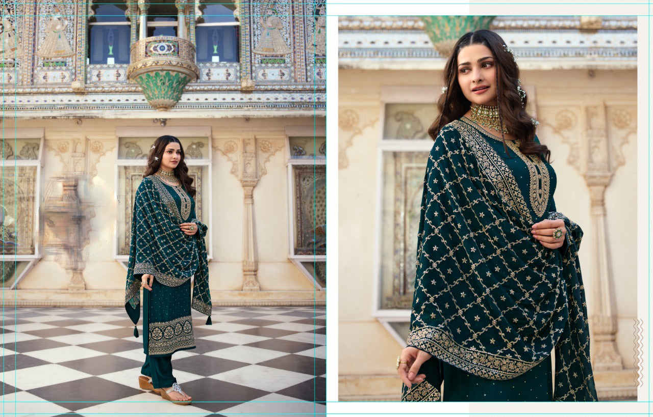 Side angle of teal green pant kameez silhouette