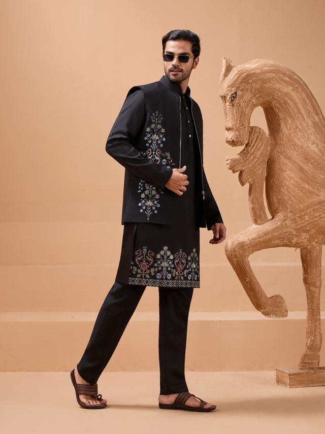 black kurta pajama with black jacket layered look