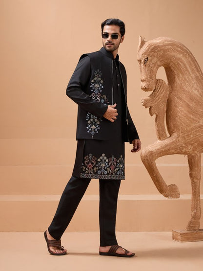black kurta pajama with black jacket layered look