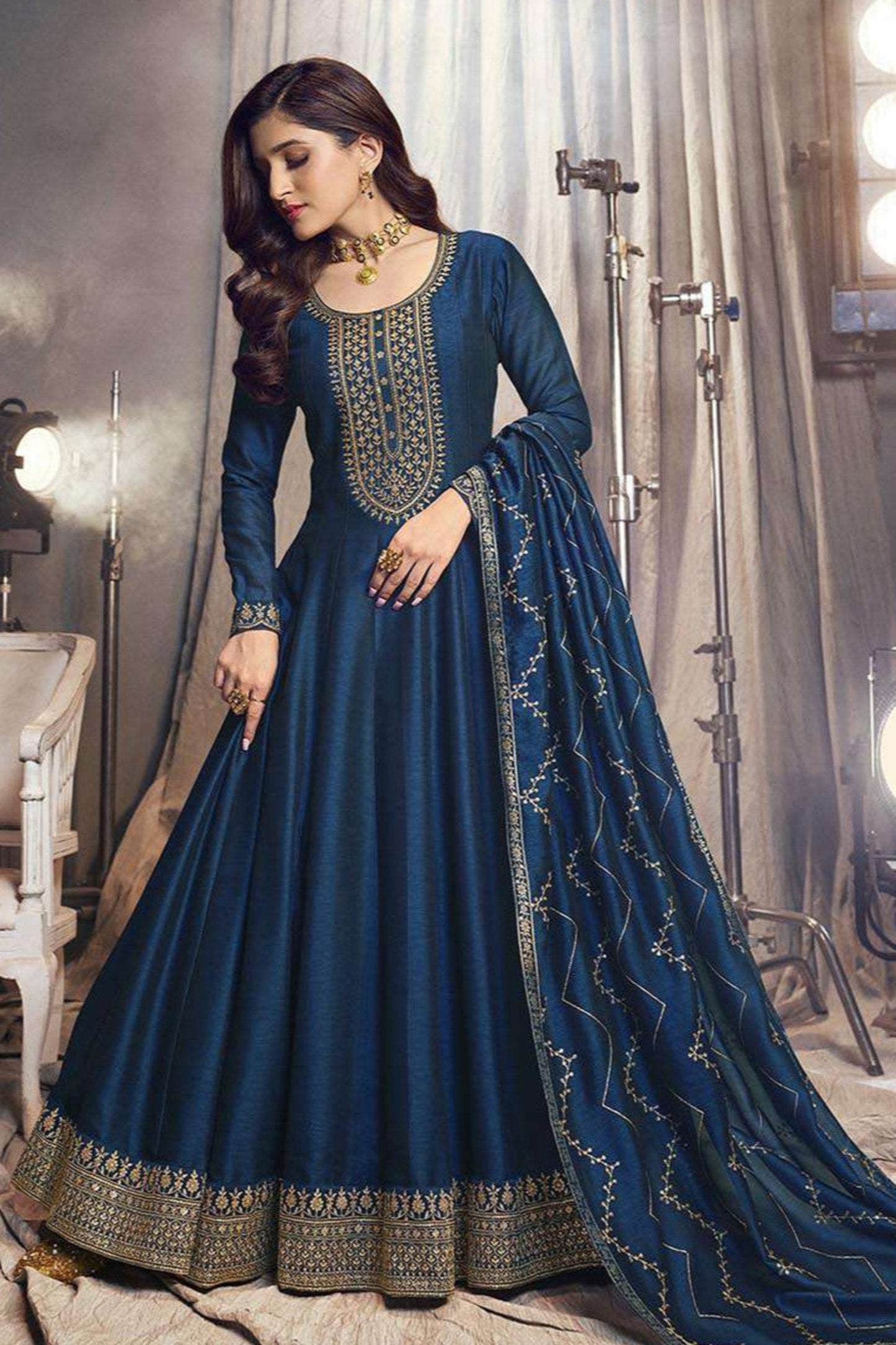 Navy Blue Anarkali Gown Stitched Dupatta Suit Seyuri Navy Blue Anarkali Gown Stitched Dupatta Suit Seyuri