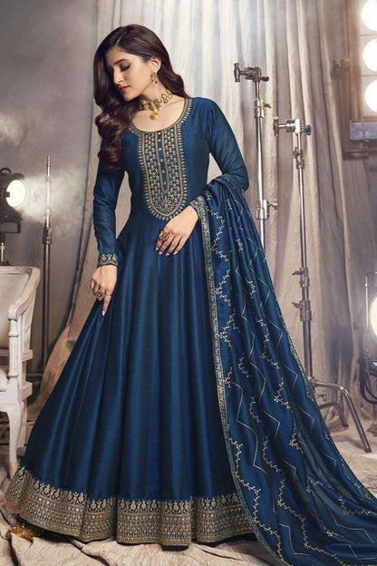 Navy Blue Anarkali Gown With Heavy Embroidery Dupatta For Indian Weddings USA