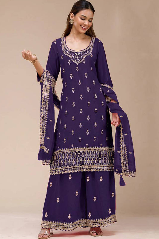 Purple Embroidered Palazzo Suit With Dupatta For Weddings 