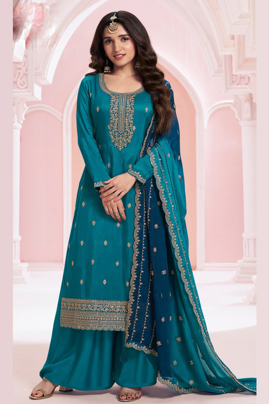 Teal Blue Georgette Palazzo Suit With Embroidery - Indian Wedding Dress 