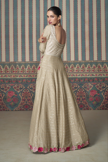 Beige Anarkali Gown Reception Party Wear Chinon Silk Embroidery Work Suit