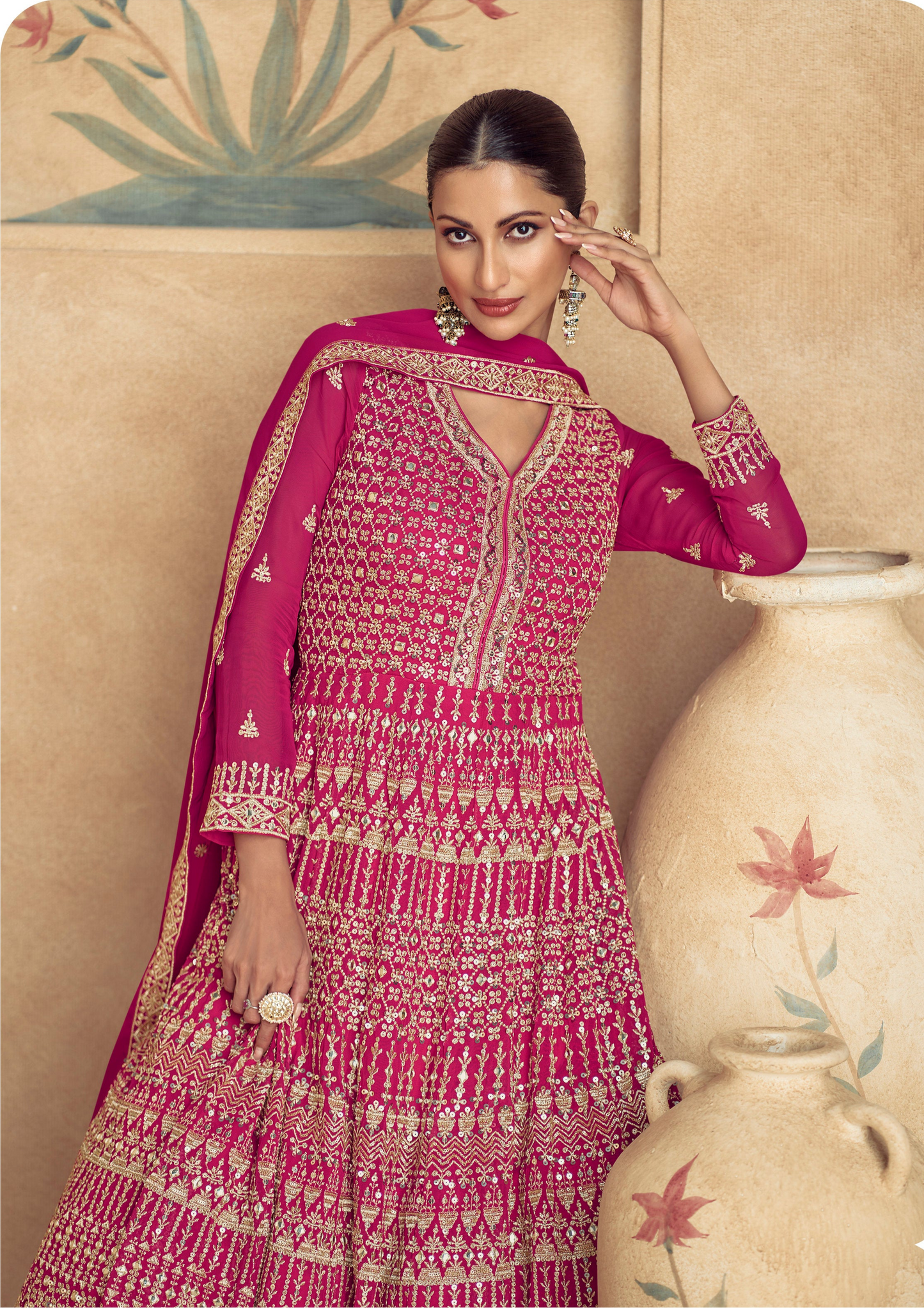 Pink Anarkali Dress Heavy Embroidery Worked Dupatta Suit for Women's