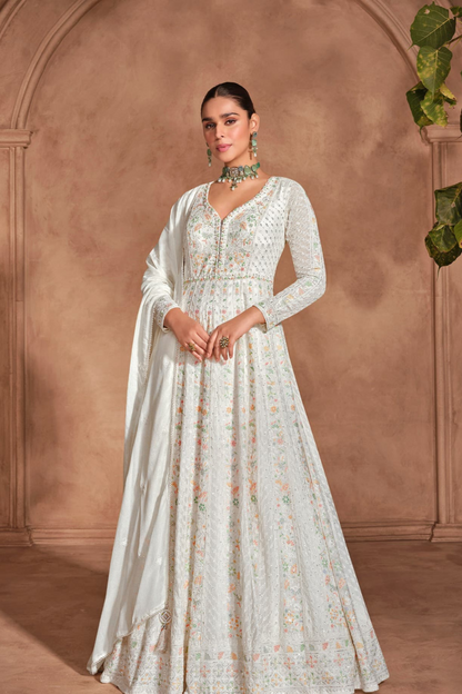 White Anarkali Gown Suit Heavy Chinon Embroidery Woked Chinon Silk Fabric Dupatta Dress