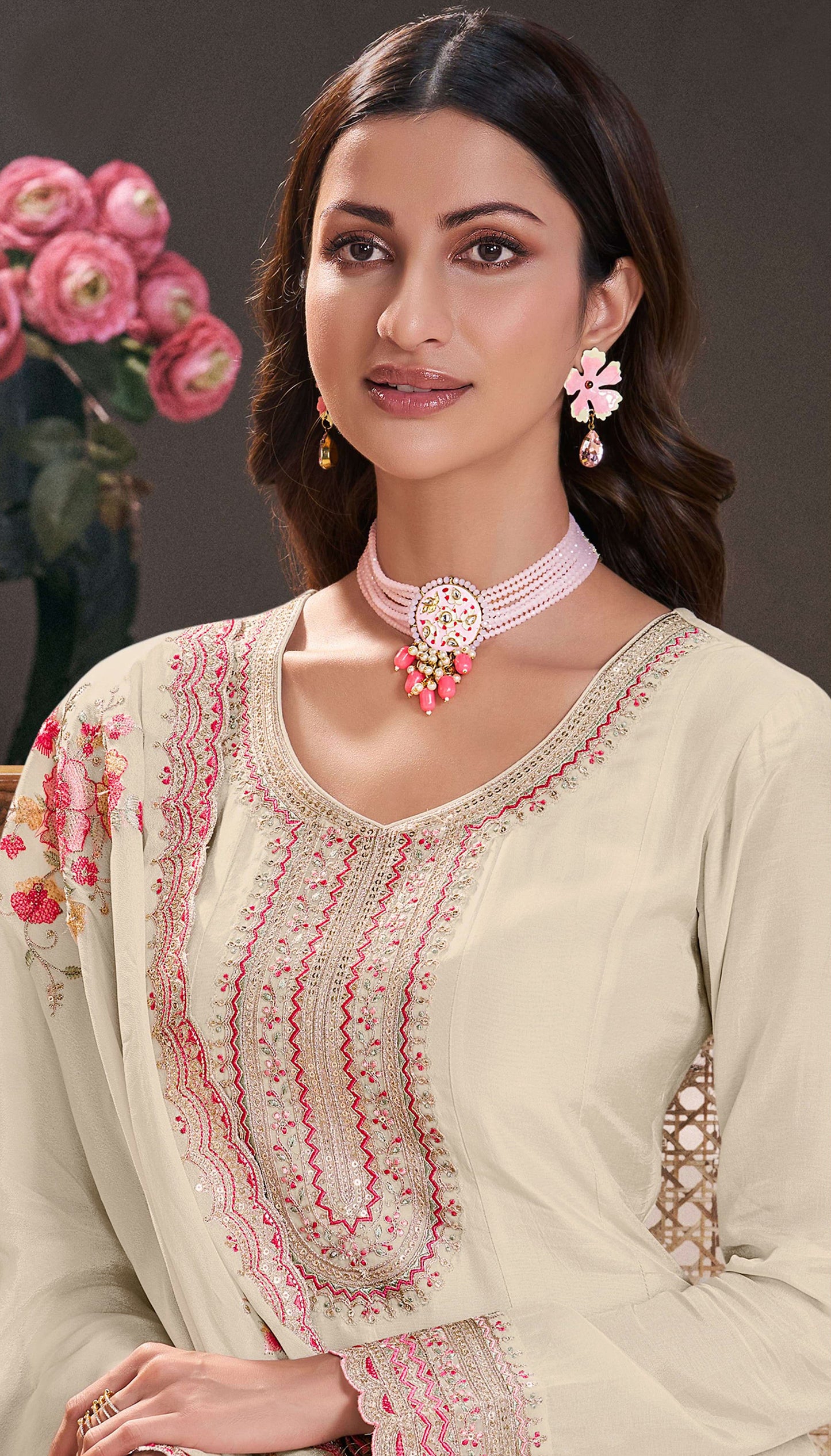 White Wedding Anarkali Gown Suits With Full Long Sleeve Dupatta