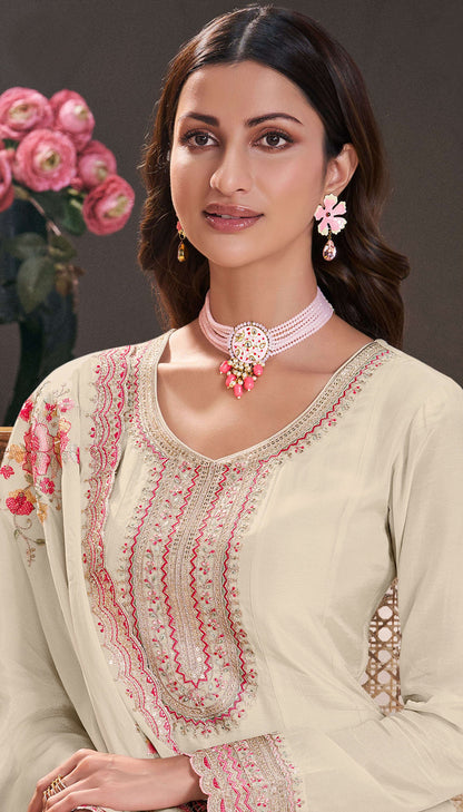 White Wedding Anarkali Gown Suits With Full Long Sleeve Dupatta