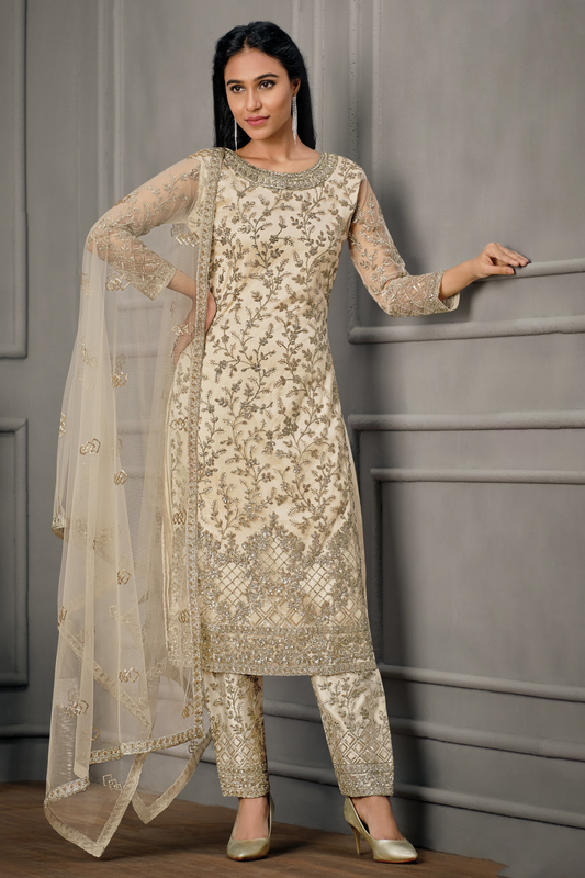 off-white wedding salwar front view with satin finish