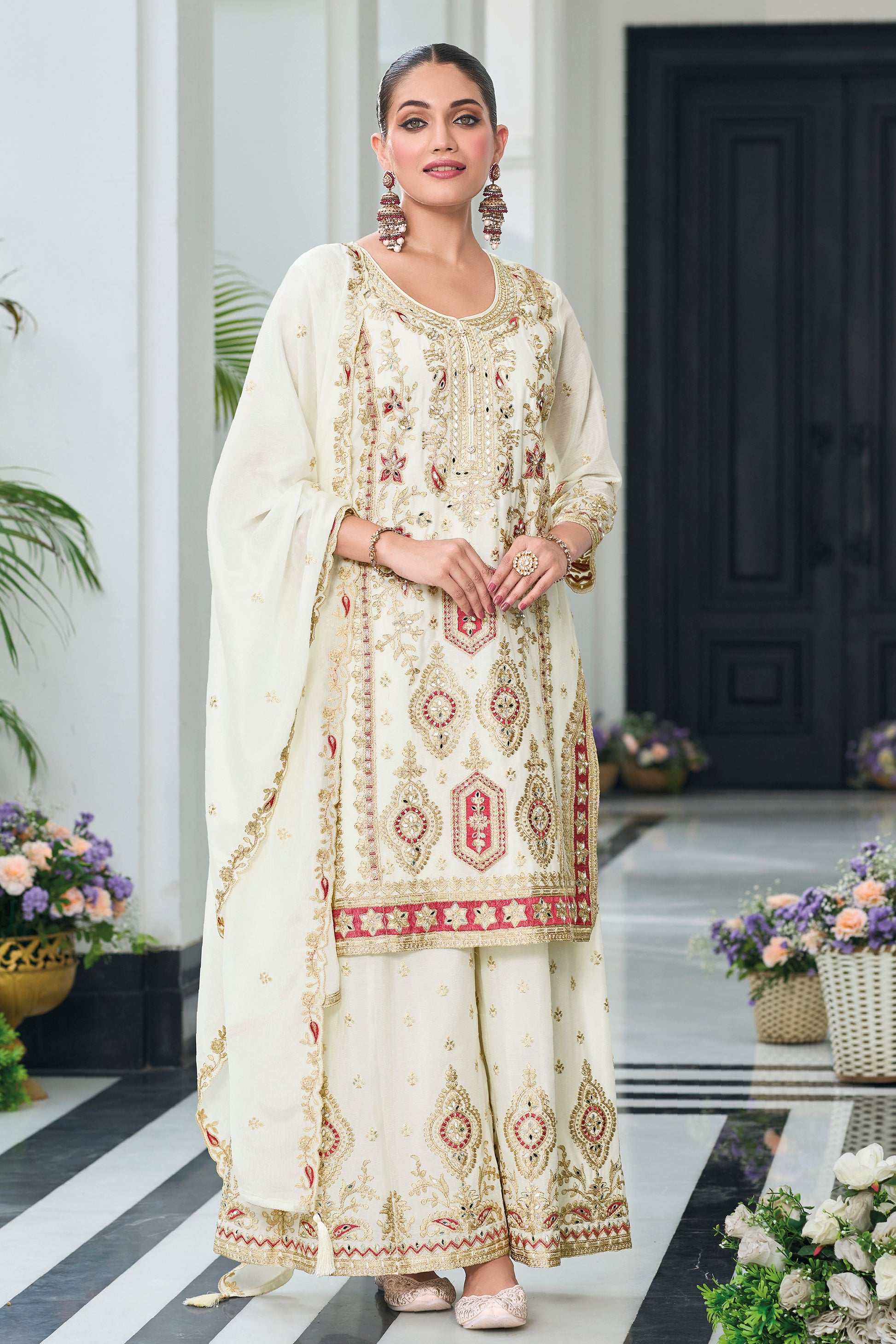 White Palazzo Suit With Heavy Embroidery For Pakistani Weddings - USA
