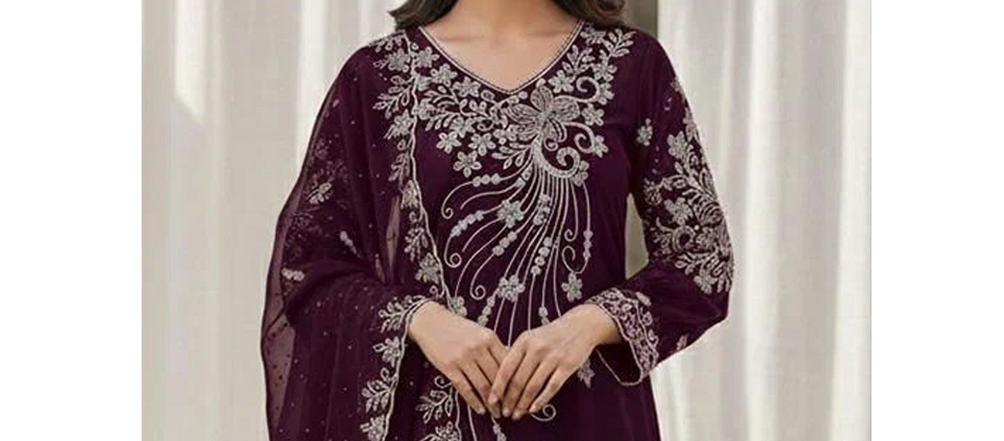 Hevay Georgette Wine palazzo ensemble with decorative detailing