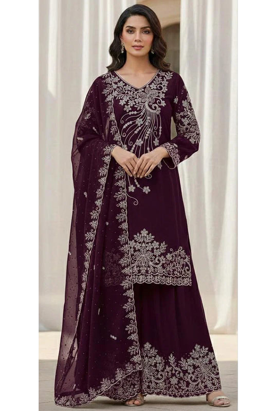 Wine Hevay Georgette palazzo suit with Embroidery & Zarkan Work