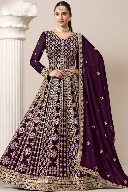 Wine Anarkali Gown With Dupatta For Indian Wedding Party Wear Suit