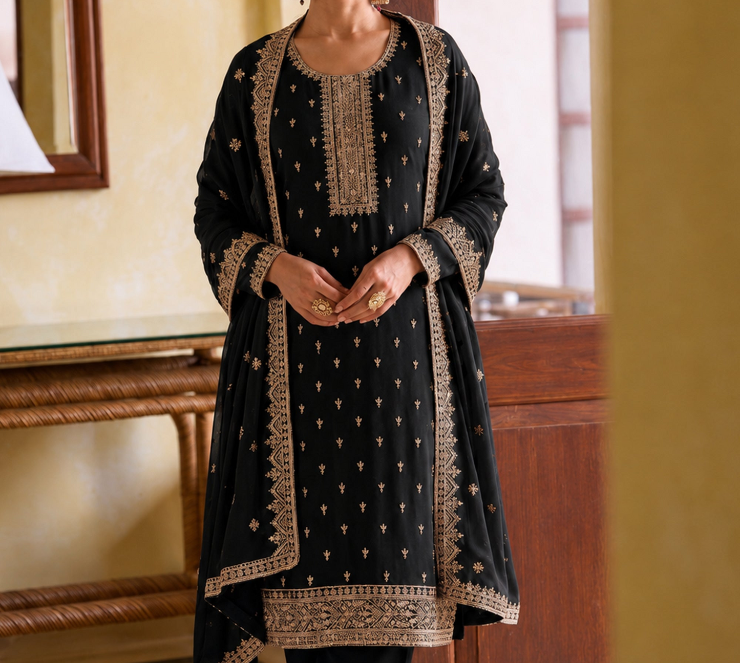 Woman styling Black Salwar Kameez for reception evening
