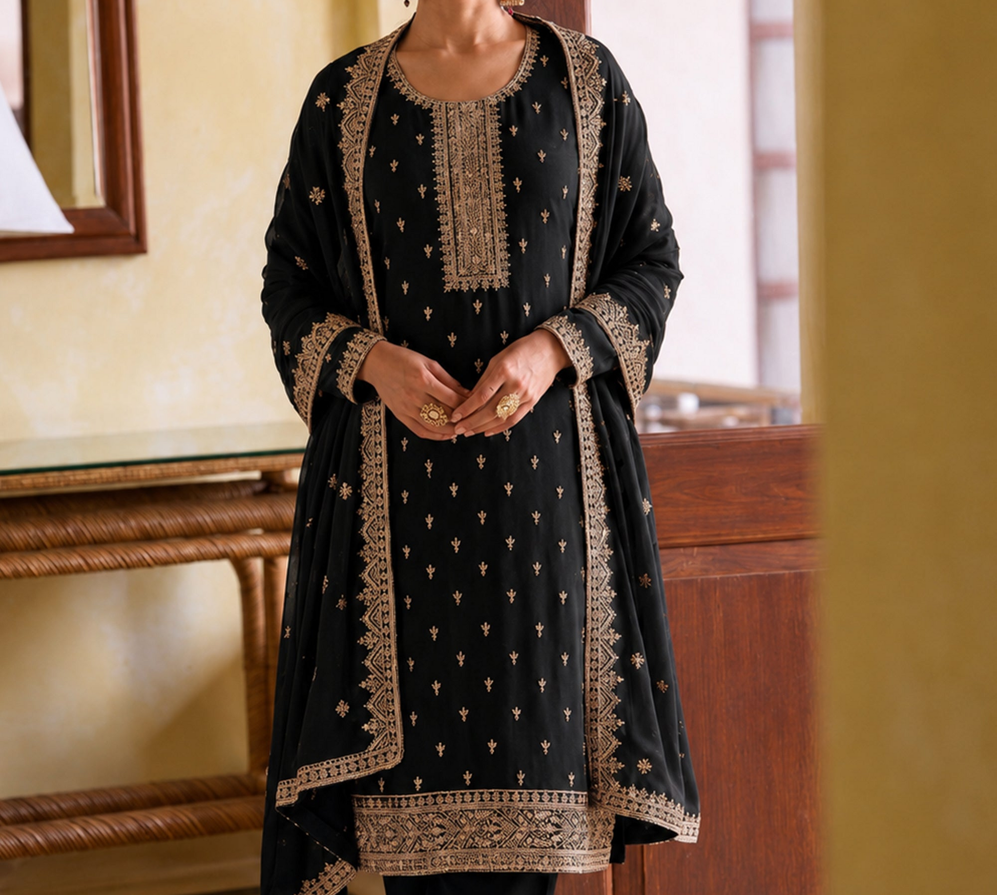 Woman styling Black Salwar Kameez for reception evening