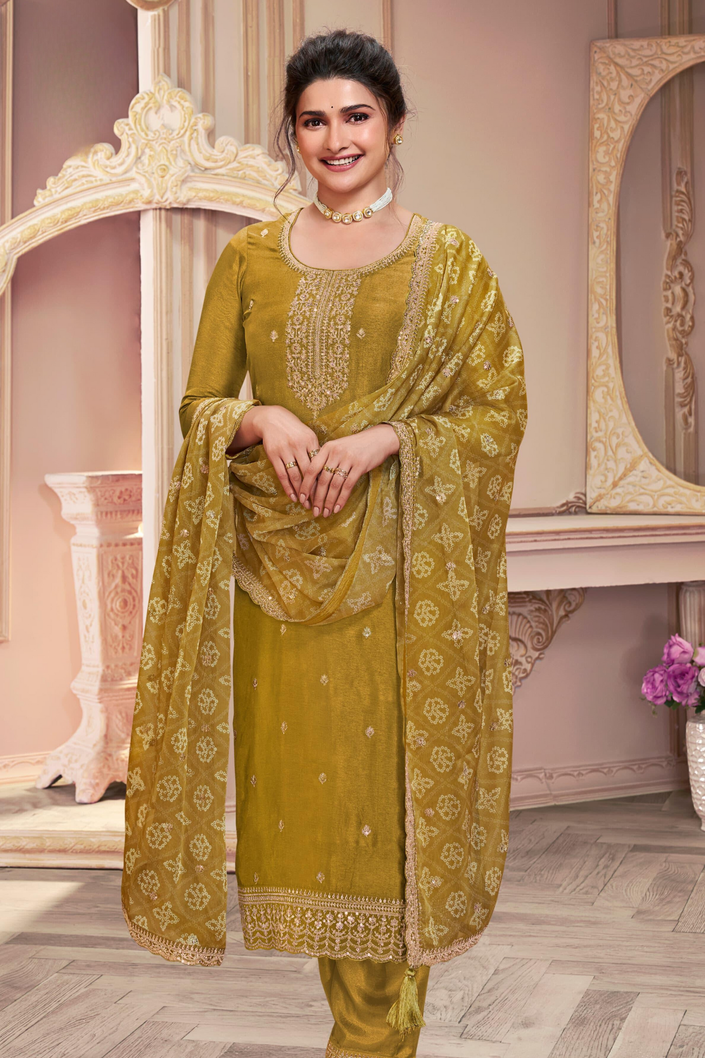 Mustard Yellow Georgette Salwar Kameez With Embroidery