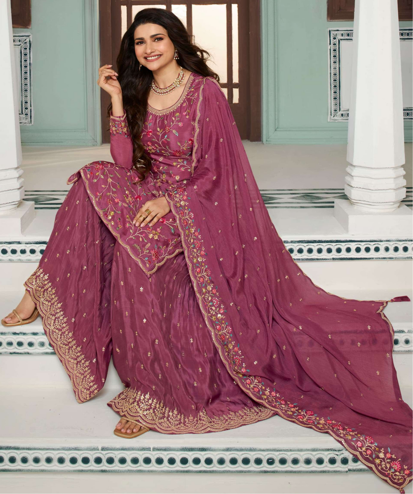 Ready To Wear Pink Palazzo Salwar Kameez For Mehendi And Sangeet Functions